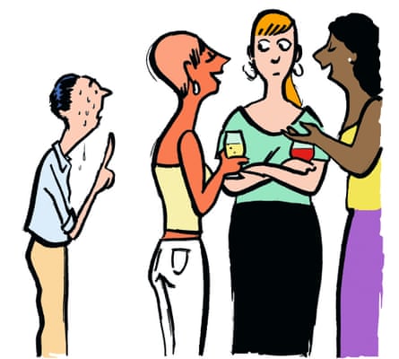 An illustration of three women talking and drinking wine while a small, sweaty man tries to get their attention