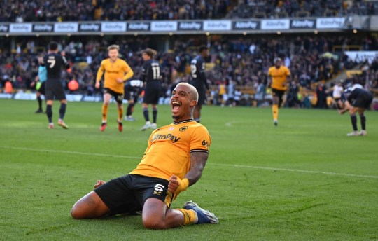  Mario Lemina of Wolverhampton Wanderers celebrates after scoring the team's second goal during the Premier League match between Wolverhampton Wanderers and Tottenham Hotspur at Molineux.