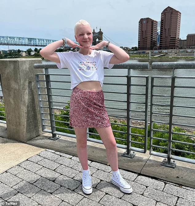 Taylor Swift fan Ally Anderson died on November 13 at the age of 16 after battling cancer for five years. She is pictured on her way to the singer's Eras Tour concert in Cincinnati on July 1