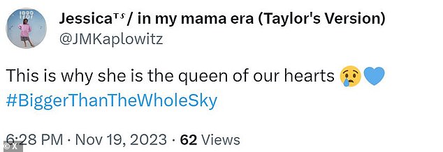 Another praised the choice, pointing out Swift's thoughtfulness is 'why' she is the 'queen' of their 'hearts'