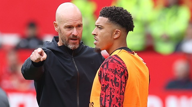 MANCHESTER, ENGLAND - AUGUST 05: Manager Erik ten Hag of Manchester United talks to Jadon Sancho during the pre-season friendly match between Manchester United and RC Lens at Old Trafford on August 05, 2023 in Manchester, England. (Photo by Matthew Peters/Manchester United via Getty Images)